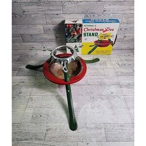 National's Christmas Tree Stand Vintage 1970s Boxed Red Green Steel Enamel